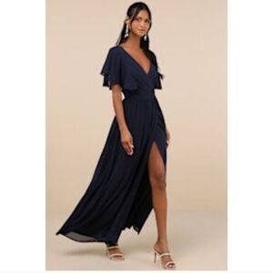 Lulu's Navy Deep V Flutter Sleeve Maxi Dress with Front Slit